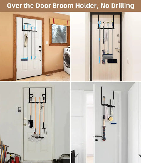 Over The Door Broom And Mop Holder In 304 Stainless Steel Wall Mount Or Door Hanging With Hooks installed on various doors