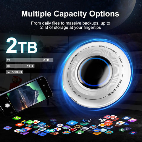 1TB Magnetic Portable SSD With PD 100W Fast Charging And Blazing 2050MB/s USB-C 3.2 Gen 2x2 with smartphone and app icons