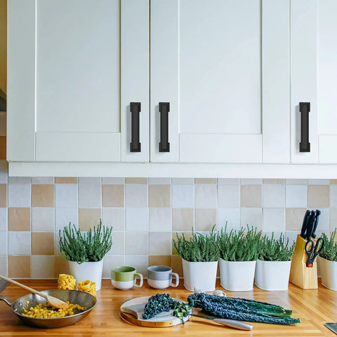 Kitchen cabinets with 15 Pack Matte Black 5 Inch Kitchen Cabinet Handles And Pulls, durable metal hardware, easy to install.