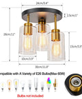 Black And Gold Semi Flush Mount Ceiling Light Three Light Fixture With Clear Glass Shades For Hallway Entryway And Bedroom Kitchen Farmhouse Industrial Gold Brass Dope Modern Style, dimensions and bulb types shown