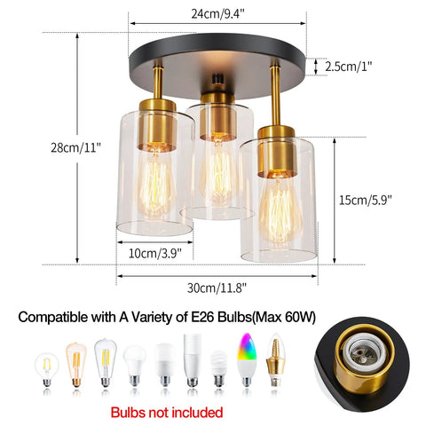 Black And Gold Semi Flush Mount Ceiling Light Three Light Fixture With Clear Glass Shades For Hallway Entryway And Bedroom Kitchen Farmhouse Industrial Gold Brass Dope Modern Style, dimensions and bulb types shown