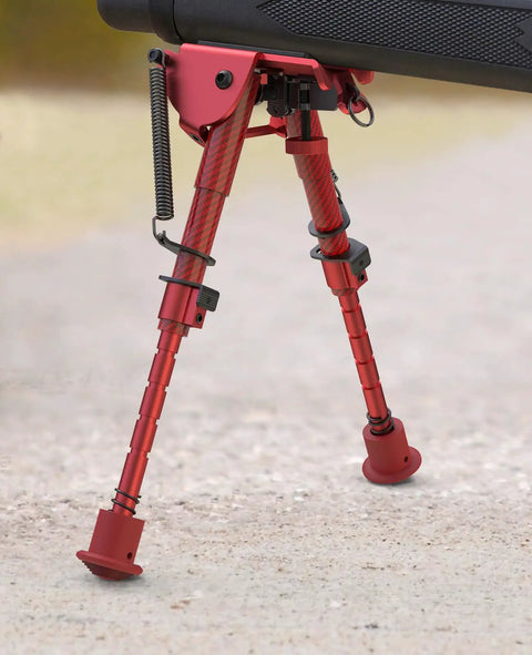 Dope Carbon Fiber Rifle Bipod For Picatinny Rails, Extendable 6 To 9 Inches, lightweight red design, in outdoor setting