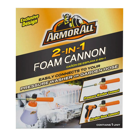 Armor All 2-In-1 Foam Cannon Kit packaging showing foam cannon with pressure washer and garden hose connectors.