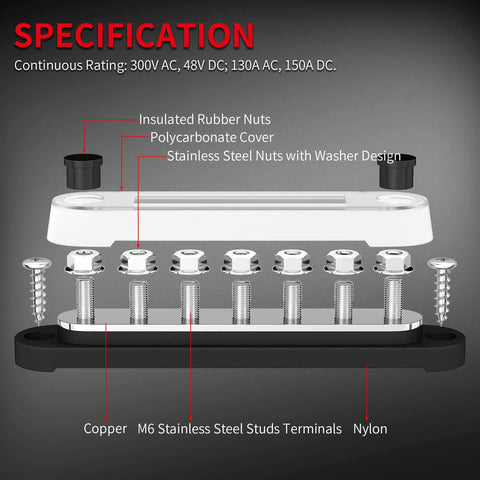 Battery Bus Bar Terminal Block Set With Cover 12V To 48V Positive And Negative Power Distribution Block For Automotive Boat Marine Applications Seven M6 Terminal Studs On Red Positive And Black Ground Blocks Must Have