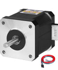 NEMA 17 stepper motor, front view, silver faceplate, black housing, 42x48mm frame, shaft, 1m cable.