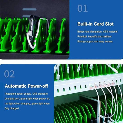 Hassle Free Phone Charging Locker And Tech Organization Hub For 40 To 60 Gadgets Featuring Rapid Charge Ports showing green device slots and chargers.