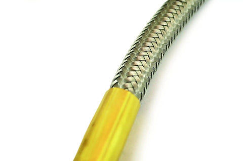 Close-up of 3018HSS 21 Inch Stainless Steel Air Hose with fittings and locking chuck, showing heavy duty build and durable parts