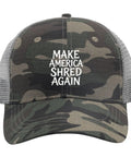 Unisex Golf Trucker Cap Dope Casual Hat with camo design and "Make America Shred Again" text, breathable mesh crown