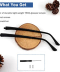 Super Slick TR90 Replacement Temple Arms For Eyeglasses Universal Repair Kit With Heavy Duty Screws showing lightweight black temple arms, screws, and screwdriver.