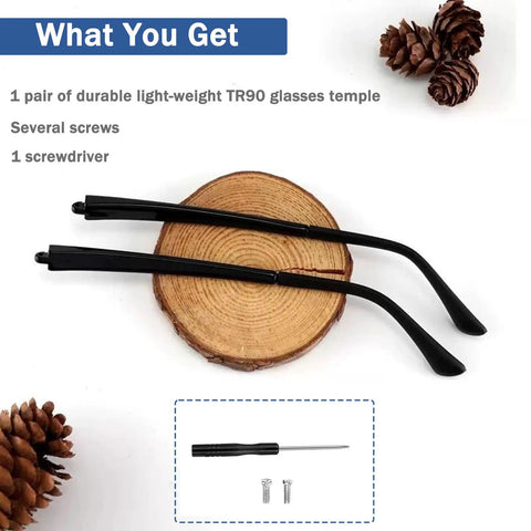Super Slick TR90 Replacement Temple Arms For Eyeglasses Universal Repair Kit With Heavy Duty Screws showing lightweight black temple arms, screws, and screwdriver.