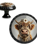Goofy Highland Cow Toilet Paper Head Cabinet Knob Set 4 Pack Round Acrylic Drawer Pulls close-up on bathroom decor