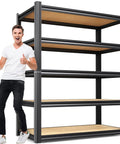 Person standing next to Beefy Heavy Duty Five Tier Garage Shelving Unit With Adjustable Metal Shelves 2050 Lbs Total Capacity