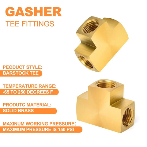 Five Pack Brass Barstock Tee Fittings One Quarter Inch By One Quarter Inch By One Quarter Inch NPT Female Pipe Fittings for Plumbing Quick Connects