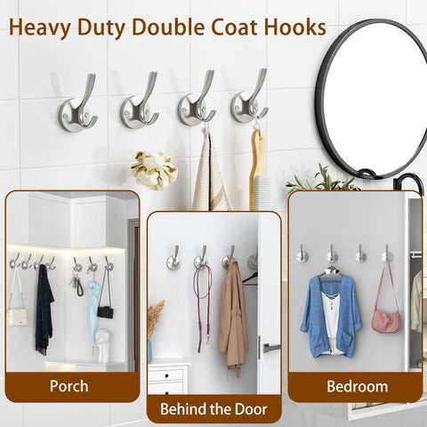 Heavy Duty Towel And Coat Hooks Two Pack In Brushed Nickel Wall Mounted Bathroom Hooks For Robes Hats Bags And Coats Sturdy 45 Lb Load Capacity Easy Screw In Mount Durable Alloy Construction displayed in various rooms