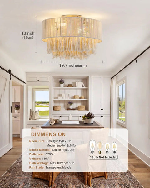 XINGSIYUELYX Ceiling Fan with Light in gold, 19.7 inch size, featuring a cotton rope shade and transparent blades.