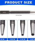 Size chart of Pro Grade 4 Piece Center Punch Set showing 4/32 inch punch in hardened steel with anti-slip grip, 3.78 inch length