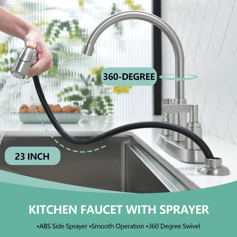 Heavy Duty Brushed Nickel Kitchen Faucet With Side Sprayer And Stainless Steel Body, Dual Lever Handles, Smooth 360 Swivel Spout, Straight Up Upgrade For RV Or Utility Sinks, Super Easy Install, side sprayer in use