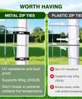 Comparison of metal and plastic zip ties on fence with advantages of Heavy Duty Metal Zip Tie Gun Kit With 100 UV Resistant 11.8 Inch Stainless Steel Cable Ties For Fastening And Cutting, 4.6mm X 300mm