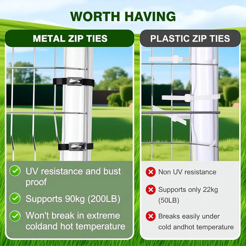 Comparison of metal and plastic zip ties on fence with advantages of Heavy Duty Metal Zip Tie Gun Kit With 100 UV Resistant 11.8 Inch Stainless Steel Cable Ties For Fastening And Cutting, 4.6mm X 300mm