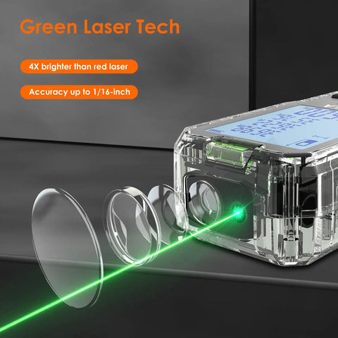 Dope Accurate Laser Distance Meter With 100m Range And Green Beam Backlit LCD Plus Minus 2mm Accuracy Measures Distance Area Volume And Pythagorean Half Second Readings Indoor Outdoor Use One Hand Quick Read For DIYers And Pros, green beam close-up