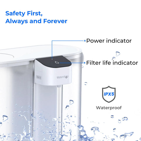 Front view of Compact Electric Water Filter Pitcher With A 200-Gallon Rechargeable Dispenser, showing power and filter indicators.