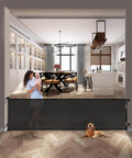 Mega Wide 118 Inch Retractable Baby Gate With Mesh Panels For Indoor Outdoor Use in kitchen with dog and child, black