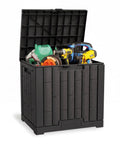 31 Gallon Outdoor Storage Box Waterproof UV Resistant Resin Bin For Patio Cushions Garden Tools Pool Accessories And Packages Lockable Wind Resistant Lid Steel Reinforced Heavy Duty Black open with tools inside