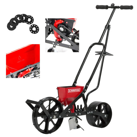 Garden Push Seeder Planter With Six Seed Plates For Up To Twenty Seed Varieties Zinc Plow Blade Row Marker Powder Coated Steel Frame