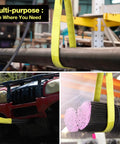 Heavy Duty 3 Inch By 4 Foot Nylon Flat Eye Lifting Sling Strap With Three Hitches In One Two Ply Polyester 9000 Lb Vertical 7300 Lb Choker 18000 Lb Basket Capacity For Engine Hoist Crane And Forklift used lifting pipe and bundled bars