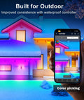 105ft Outdoor RGB LED Strip Lights With IP65 Waterproof Controller, 24V Smart App Music Sync on house eaves, color changing.