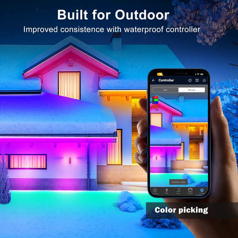 105ft Outdoor RGB LED Strip Lights With IP65 Waterproof Controller, 24V Smart App Music Sync on house eaves, color changing.