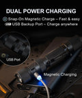 E9R G4 Tactical Flashlight 2550 Lumen Rechargeable LED with magnetic USB charging feature displayed on a dark background