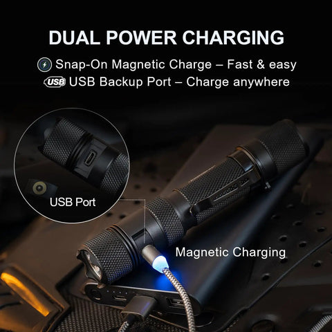 E9R G4 Tactical Flashlight 2550 Lumen Rechargeable LED with magnetic USB charging feature displayed on a dark background