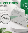 No More Panel Buzz 25A AC DC Contactor 2 Pole 2NO For Level Two EV Chargers And Smart Homes UL Listed showing certification details.