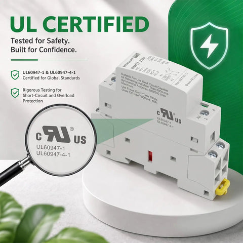 No More Panel Buzz 25A AC DC Contactor 2 Pole 2NO For Level Two EV Chargers And Smart Homes UL Listed showing certification details.