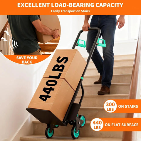 Stair Climbing Dolly Cart With Wheels 440 Lb Capacity, Folding Hand Truck For Stair Use, 2 In 1 Stair And Flat Mode With Triangular 6 Wheel System, Heavy Duty Steel Frame, Easy Push On Stairs carrying boxes on stairs