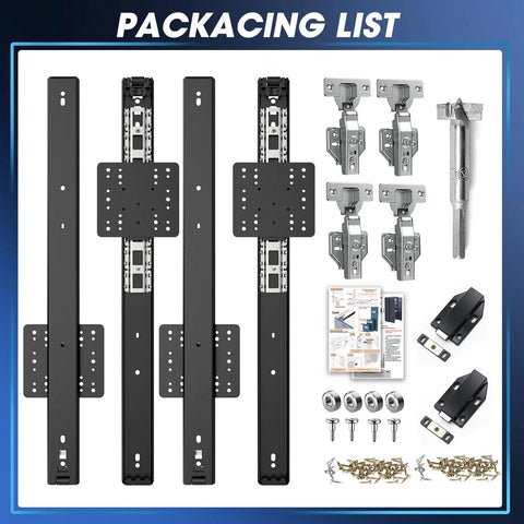 Heavy Duty 16 Inch Cabinet Pocket Door Slides Hardware Kit With Built In Hinges Double Pack components, steel tracks and accessories.