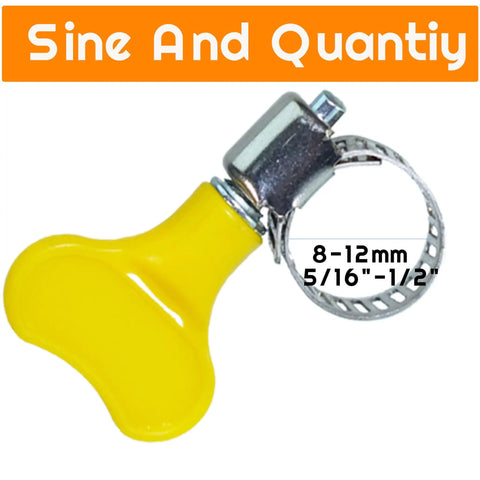 Close-up of a 20 Pack Stainless Steel Worm Gear Hose Clamp With Key Type Adjustment And Yellow Plastic Handles Fits 5/16 To 1/2 Inch 8-12mm