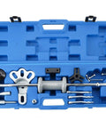 Slide Hammer Dent Puller Set 17 Piece With 5 Lb Hammer For Auto Body Repair Internal And External Gear Pullers Hub And Axle Bearing Removal Dent Removal Kit For Trucks And Cars in a blue case