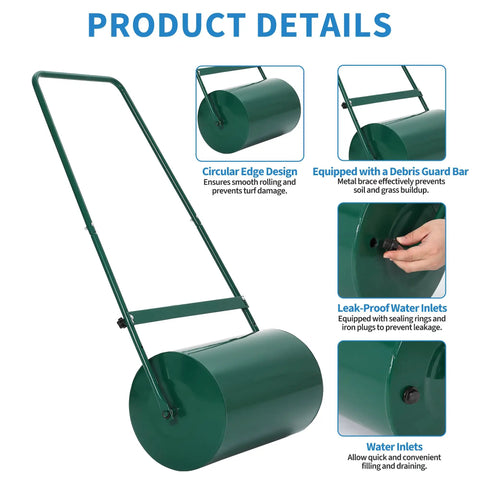 Tough-As-Nails Rust-Resistant Steel Lawn Roller for Yards and Gardens, 46L Capacity with U-Shaped Handle, Product Features
