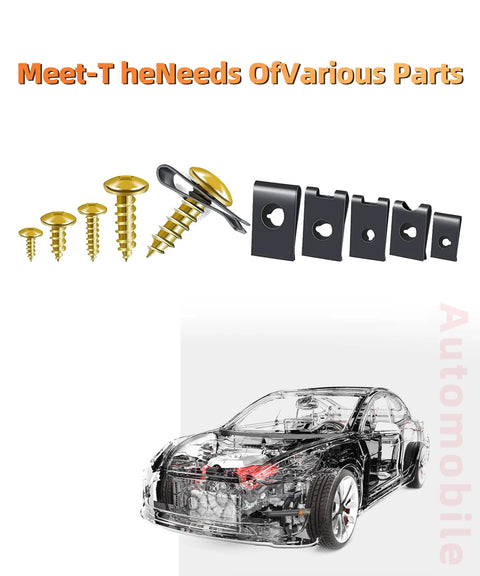 170 Piece U Clip And Screw Kit For Car Interior Fasteners, Self Tapping Screws And U Nuts, Assorted U Clips Next To Car Diagram