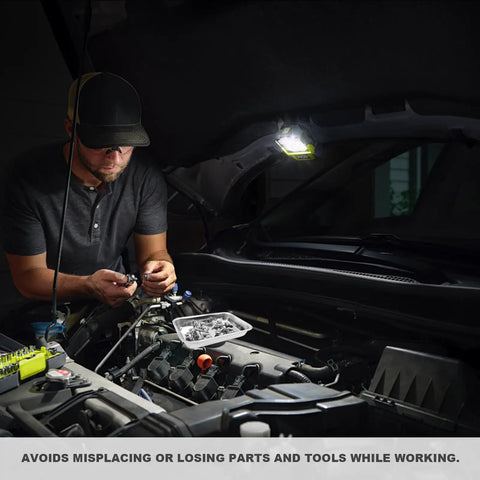 Mechanic using Two Pack Magnetic Tray Holders Pro Grade Stainless Steel 3.6 By 2.5 Inch Rectangular Trays in car engine bay