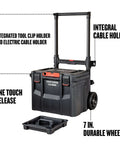 TradeStack Rolling Tool Box With Wheels IP65 Waterproof And Stackable Portable Chest with tray, showing one touch release and cable holder