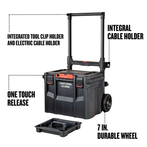 TradeStack Rolling Tool Box With Wheels IP65 Waterproof And Stackable Portable Chest with tray, showing one touch release and cable holder