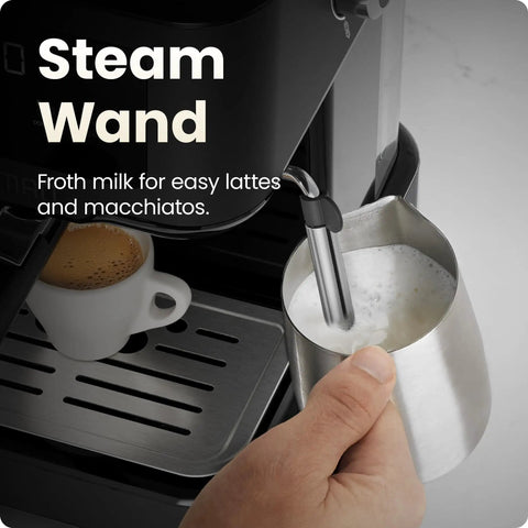 Close-up of CraftBrew Digital Espresso Machine With 15 Bar Pump And Steam Wand For Lattes And Cappuccinos frothing milk.