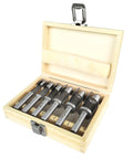 Heavy Duty Forstner Bit Set Six Piece Woodworking Plug Cutters in wooden storage box showcasing carbon steel drill bits.