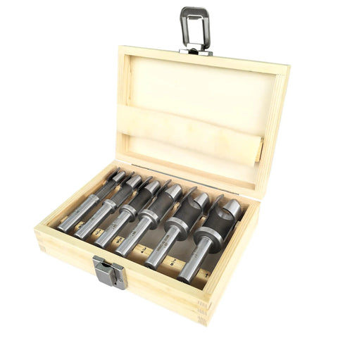 Heavy Duty Forstner Bit Set Six Piece Woodworking Plug Cutters in wooden storage box showcasing carbon steel drill bits.
