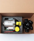 Heavy Duty Electric Water Pump And Thermostat A Hella Smooth Cooling Upgrade in box with yellow connectors and foam.