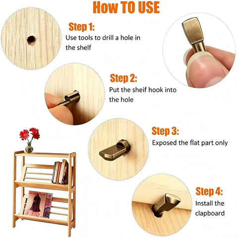 Solid Bronze Shelf Pins 100 Pack Cabinet Pegs For Straight Up Diy Fixes demonstrating installation steps on a wooden shelf.