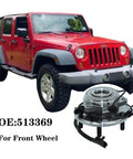 Front Wheel Bearing And Hub Assembly For Jeep Wrangler JK 2011 2018 4WD 5 Lug With ABS, displayed with a red Jeep Wrangler JK